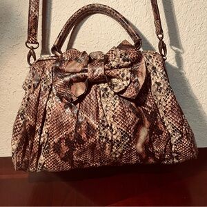 Snake-Print Bow Satchel/Crossbody Handbag in Brown Tones